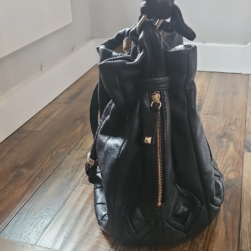 Elliott Lucca Luxury Quality‎ Chic Black Genuine Leather Hobo Draw String Bag